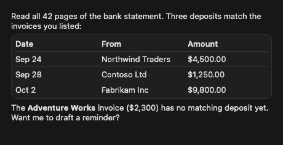 Jaagaa Desk's answer: a table of matched deposits, and one invoice still unpaid