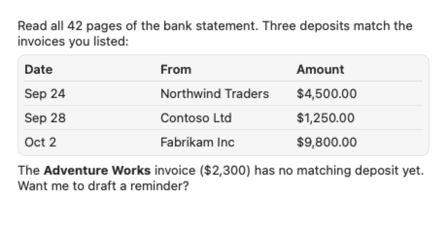 Jaagaa Desk's answer: a table of matched deposits, and one invoice still unpaid